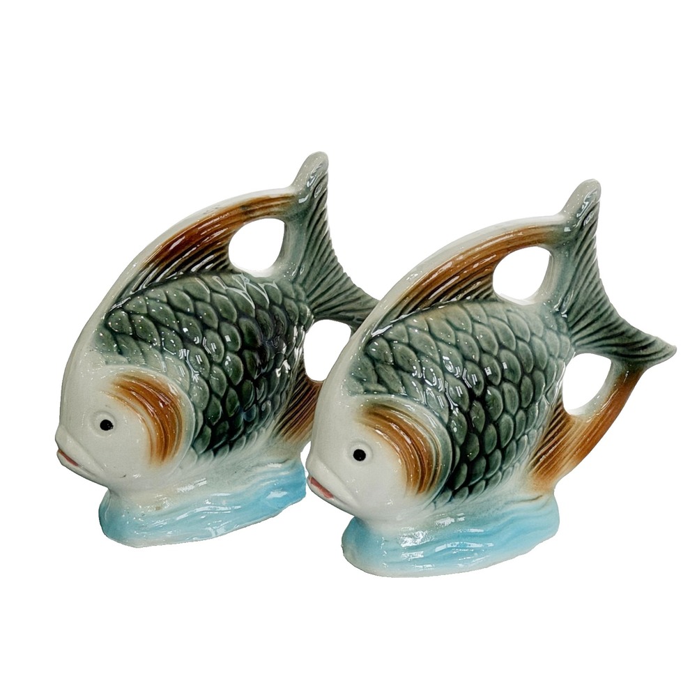 Angelfish Figurines Set of 2 Vintage Mid-Century Modern Glazed Ceramic 1960s MCM